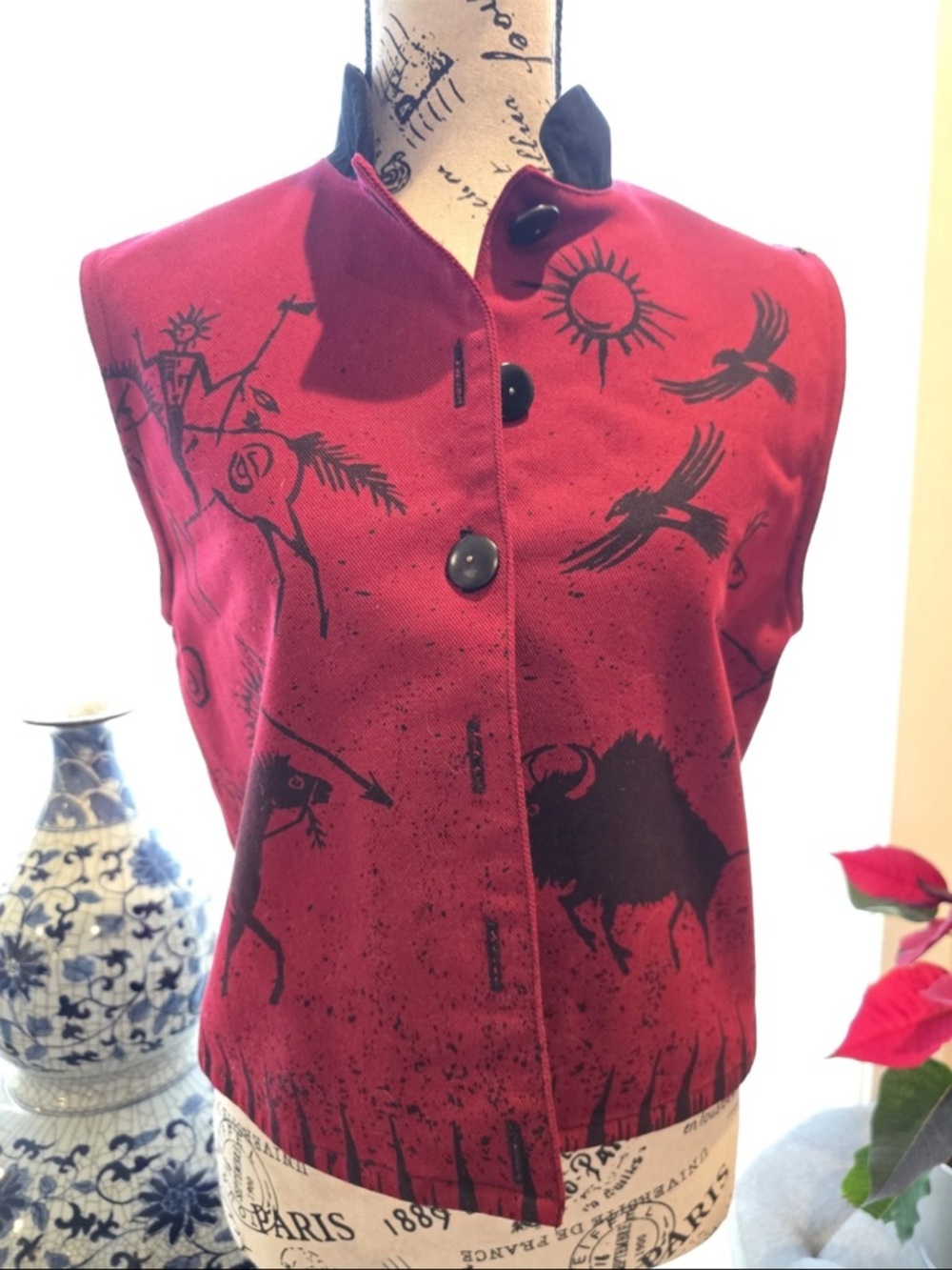 DOUBLE D RANCH Where the Buffalo Roam Ledger Art Vest hawk deer Indian ponies